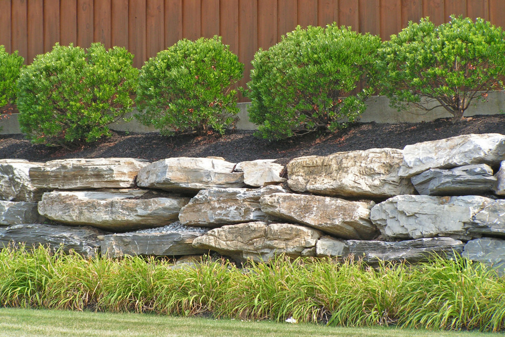 A retaining wall with vegetation on top