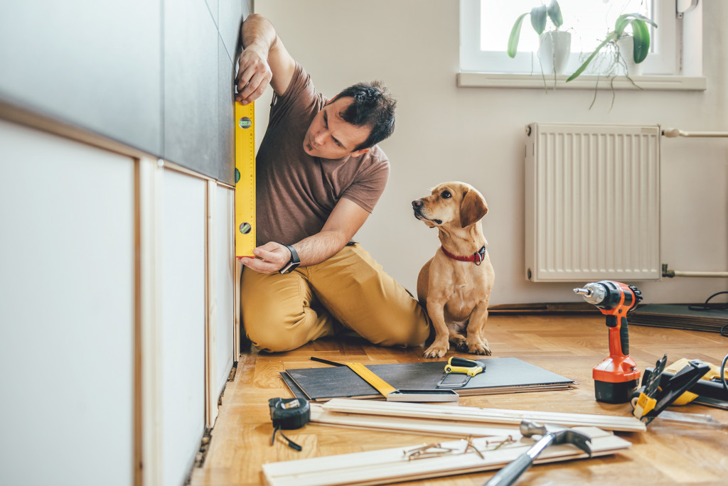 A man checking a level wall during a renovation as his dog watches him work