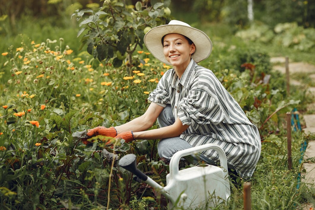 Woman watering flowers with a watering can.